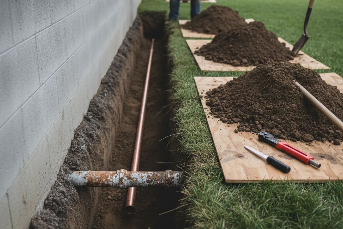 Excavated water line trench during Sewer Line Repair in Canajoharie